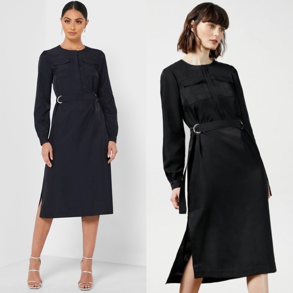 NWT TED BAKER Navy Safari Long Sleeve Utility Belt Side Slit Cargo Midi Dress 00